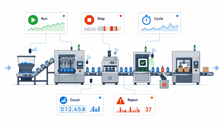 Industrial IoT production-data flow from machines and PLCs through edge processing to dashboards and business systems